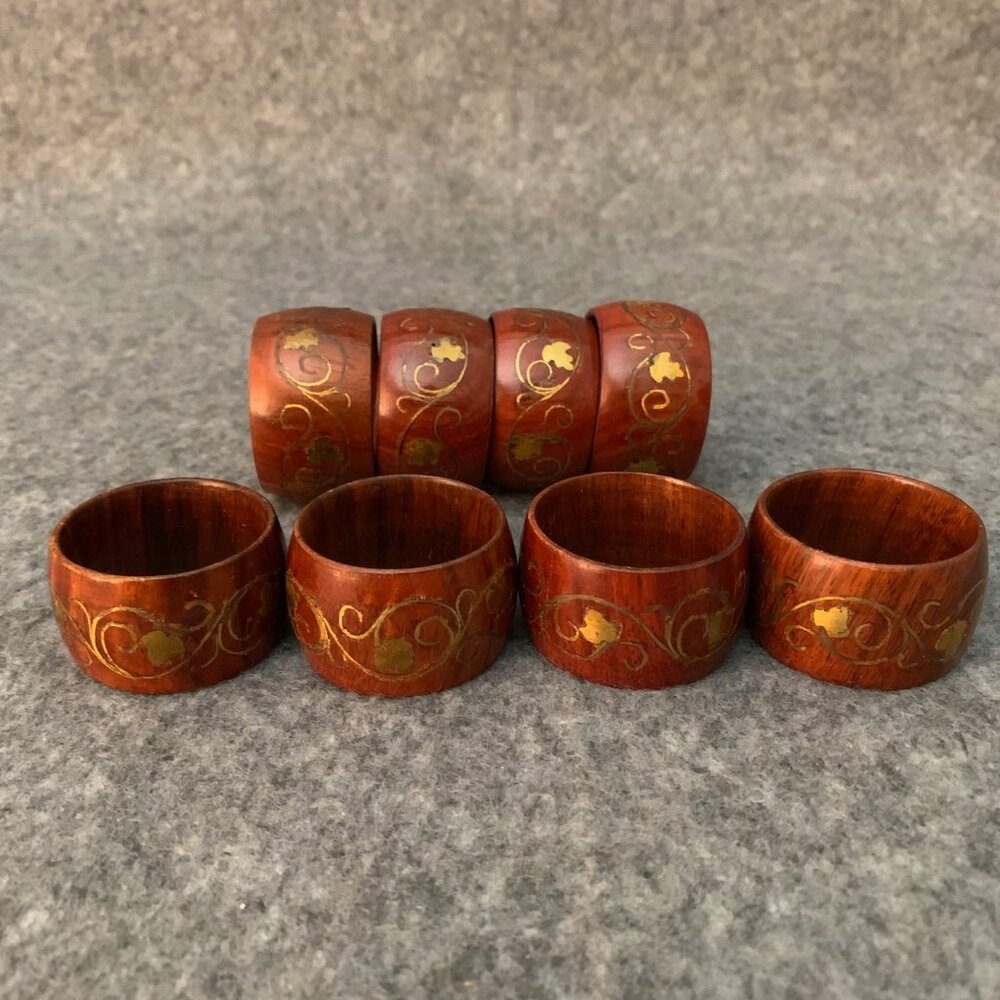 Vintage Set of 8 Wood Brass Inlay Napkin Rings